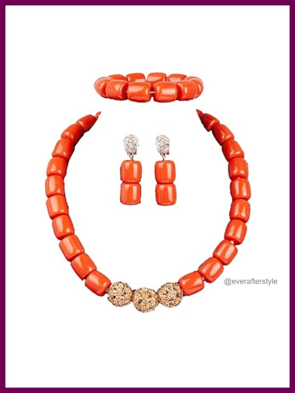 Handmade Coral Bead Jewelry Set Necklace Bracelet Earrings Gold Balls Women